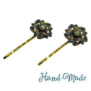 Handmade Blue Rhinestone Gold Set Hair Clips Whimsical HoCo Fairy Jewelry NWT